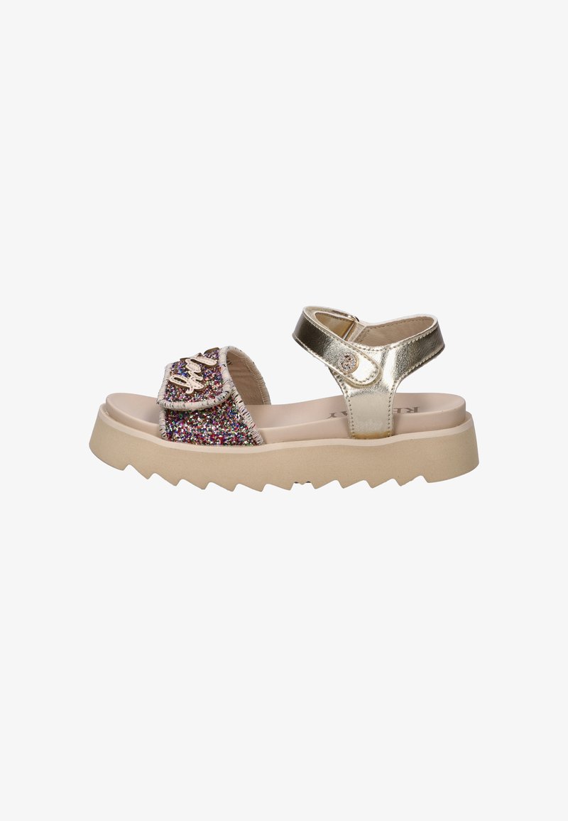 Kindersandaal met beige stevige zool, glinsterende multicolor voorriem met tekst „love“ en metalen gouden enkelriem met klittenbandsluiting.