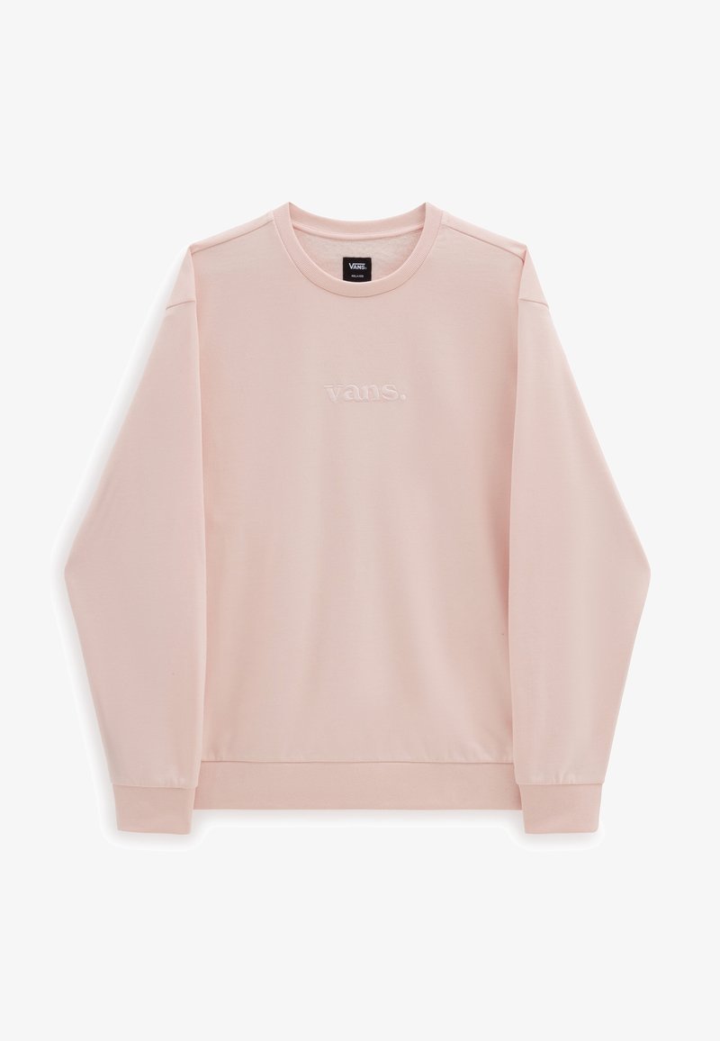 Sweat-shirt col ras rose clair en tissu doux. Comprend des poignets et une ceinture côtelés, avec un petit logo brodé à l'avant.