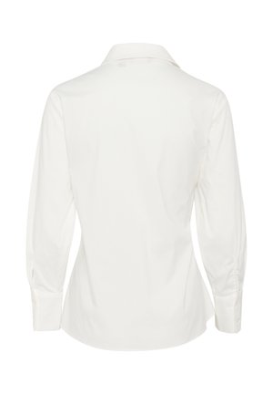 Bela dolga majica z dolgimi rokavi z izostrenim ovratnikom, ki ima gladko teksturo in prilega telesu, podrobna z gumbi na manšetah in ukrivljenim robom.