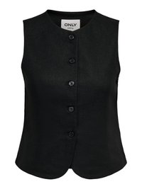 Gilet noir sans manches avec encolure ronde et cinq boutons sur le devant, coupe ajustée, étiquette tissu « ONLY » à l’intérieur du col.