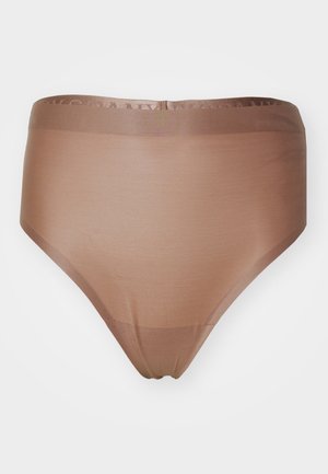 Panty castanho de cintura alta com uma textura suave, design sem costuras e uma faixa elástica macia. Tecido leve e ligeiramente transparente.