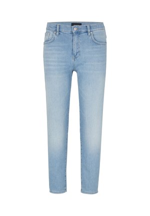 Lichtblauwe, hoge taille jeans gemaakt van denim. Kenmerken een recht gesneden ontwerp, vijf zakken stijl en gestikte details langs de naden.