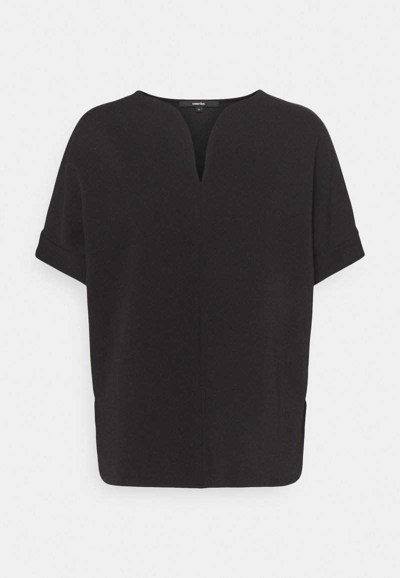 Short-sleeve black top with a V-neck, soft texture, relaxed fit, side slits, and rolled cuffs, made from lightweight material.