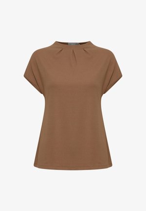 Haut marron à manches courtes avec un col haut et des détails plissés. Tissu doux, coupe décontractée et ourlet arrondi. Pas de motifs ni de garnitures visibles.