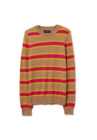 Strickpullover in Camel mit rosa und gelben horizontalen Streifen, runder Ausschnitt, gerippte Bündchen und Saum. Weiche Textur, lässige Passform.