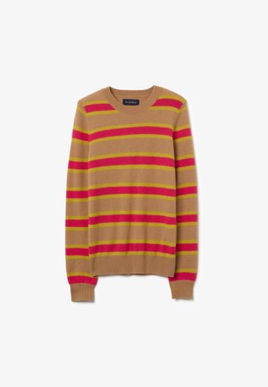 Maglione a maglia color cammello con righe orizzontali rosa e gialle, scollo a girocollo, polsini e orlo a costine. Tessuto morbido, vestibilità casual.