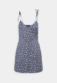 Granatowa lniana sukienka w białe abstrakcyjne plamy, z regulowanymi cienkimi ramiączkami, dekoltem w serek i zapięciem na guziki z przodu.