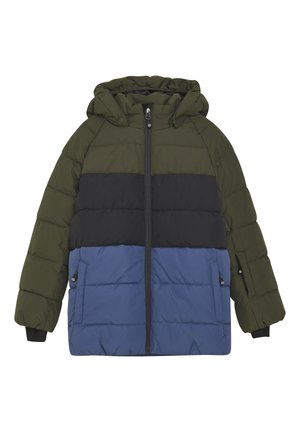 Giacca imbottita con cappuccio, in blocchi di colore verde oliva, nero e blu. Tessuto texturizzato con zip e tasche laterali.