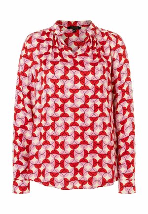 Langärmlige Bluse aus rotem, rosa und cremefarbenem Stoff. Verfügt über ein geometrisches Muster mit Kreisen und Blütenblättern. V-Ausschnitt und geraffte Schulterdetails.