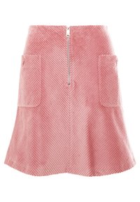 Vaaleanpunainen corduroy A-linjainen hame, jossa on etuvetoketju ja kaksi suurta pesutaskua, sekä viisto ribbikuvio.