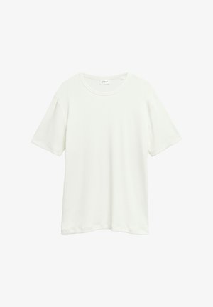 Prosty biały t-shirt z krótkim rękawem i okrągłym dekoltem, o luźnym kroju, przedstawiony na płasko na białym tle.