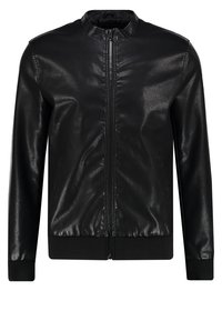 Giacca bomber nera in pelle con chiusura a zip, polsini e orlo a coste, caratterizzata da una texture liscia e un design minimalista.