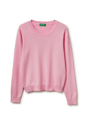 Maglione rosa tenue a maniche lunghe con scollo tondo, polsini e bordo a coste, disteso su uno sfondo bianco.