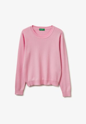 Miękki różowy sweter z długim rękawem i okrągłym dekoltem, z prążkowanymi mankietami i krawędzią, ułożony płasko na białym tle.