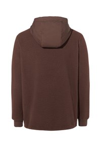 Felpa con cappuccio marrone in pile con superficie testurizzata, cappuccio removibile e polsini a coste. Design semplice senza motivi o dettagli aggiuntivi.