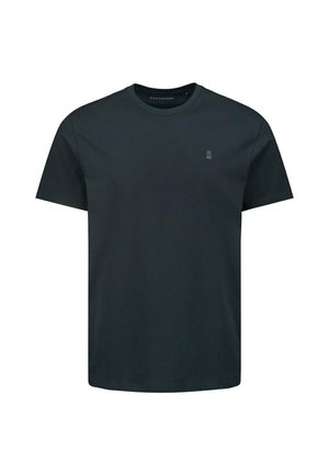 Zwart katoenen T-shirt met een ronde hals, korte mouwen en een klein decoratief logo op de borst. Gepolijste textuur, normale pasvorm.