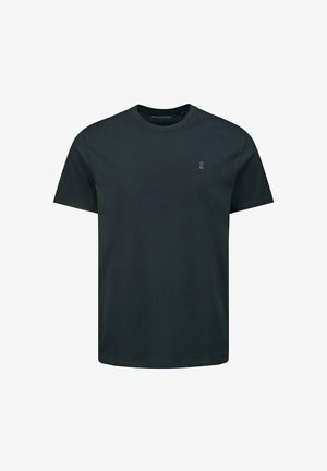 Zwart katoenen T-shirt met een ronde hals, korte mouwen en een klein decoratief logo op de borst. Gepolijste textuur, normale pasvorm.