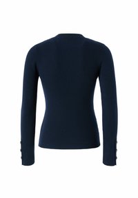 Maglione a maniche lunghe rigato blu navy con un design aderente. Presenta un collo rotondo e dettagli con bottoni sui polsini. Realizzato in tessuto morbido.
