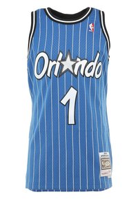 Maillot de basket-ball bleu avec des rayures blanches verticales, portant "Orlando" en lettres blanches, le numéro "1" et le logo de la NBA en rouge. Fait en tissu en maille.