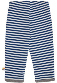 Gestreepte katoenen leggings met een blauw en wit ontwerp, met een grijze zoom en een accentlabel op de tailleband. Zacht en aansluitend model.