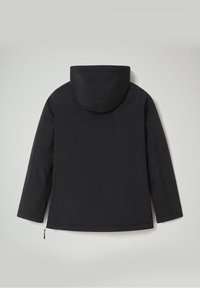 Veste noire à capuche vue de dos avec manches longues et fermeture éclair visible en bas à gauche.