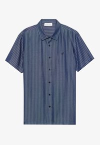 Kortærmet, button-up skjorte i mørkeblå med lodrette striber. Blødt stof, spidse krave og et broderet logo på brystet.