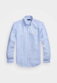 Pruhovaná košile s knoflíky ve světle modré a bílé barvě. Vyrobena z bavlny, s rozepnutým límcem a logem na levé náprsní kapse.