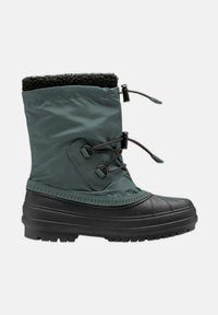 Stivale invernale impermeabile di colore verde scuro con base in gomma nera, parte superiore soffice, coulisse regolabile e suola sagomata per una migliore aderenza.