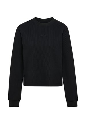 Sort langærmet waffle strikket sweatshirt med rund hals og diskret "hummel" logo broderet på brystet.