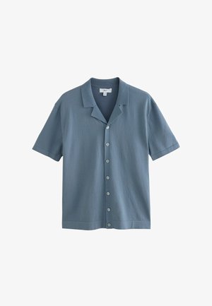 Kurzärmeliges Hemd aus hellblauem Stoff mit Kragen, sechs Knöpfen vorne und einer leicht strukturierten Oberfläche.