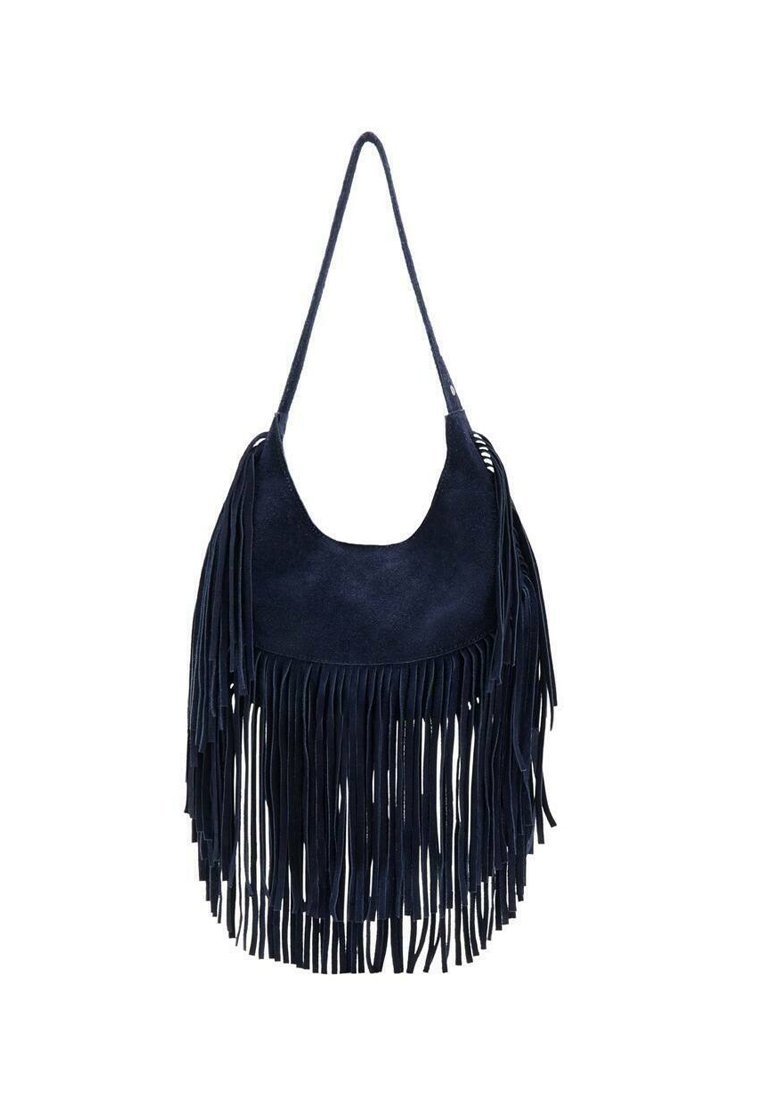 Borsa a mano in suede blu navy con parte superiore arrotondata e frange lunghe e verticali nella parte inferiore. Tracolla regolabile per il trasporto a spalla.
