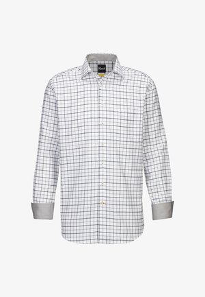 Camicia bianca a maniche lunghe con motivo a quadri blu navy, colletto con bottoni, taschino sul petto e polsini a contrasto grigi. Tessuto resistente.