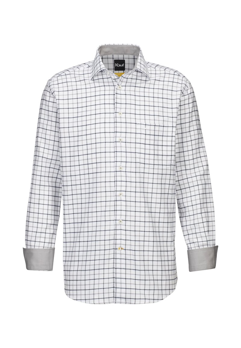 Camicia bianca a maniche lunghe con motivo a quadri blu navy, colletto con bottoni, taschino sul petto e polsini a contrasto grigi. Tessuto resistente.