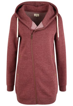 Maroon zip-up hoodie with a large hood, cream drawstrings, and two side pockets. Features a soft texture and triangle accent details.