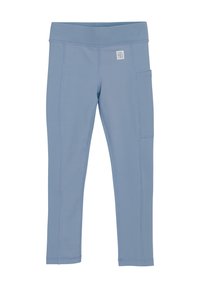 Blå elastiska leggings med elastisk midja, sidoficka och synliga sömdetaljer. Tillverkade av lätt och bekvämt material.