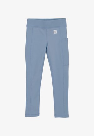 Blauwe rekbare leggings met een elastische tailleband, een zijzak en zichtbare stiksels. Gemaakt van lichtgewicht, comfortabel materiaal.