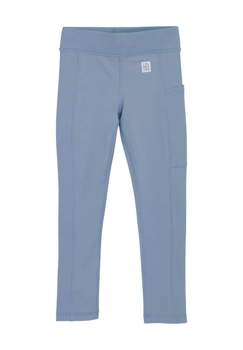 Blå elastiska leggings med elastisk midja, sidoficka och synliga sömdetaljer. Tillverkade av lätt och bekvämt material.