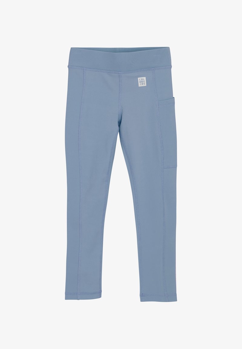 Blå elastiska leggings med elastisk midja, sidoficka och synliga sömdetaljer. Tillverkade av lätt och bekvämt material.