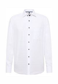 Camicia bianca a maniche lunghe con bottoni, dotata di taschino sul petto, bottoni blu e colletto classico. Tessuto morbido e vestibilità su misura.