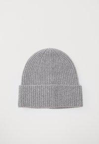 Gray knitted beanie with a ribbed texture and folded cuff, featuring a tapered top and soft wool material for warmth.