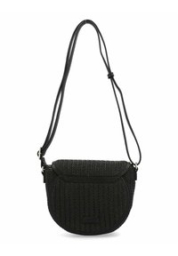 Schwarze Schultertasche aus strukturiertem gewebtem Stoff, halbkreisförmige Form, mit Lederakzenten und einem verstellbaren Tragegurt für vielseitigen Tragekomfort.