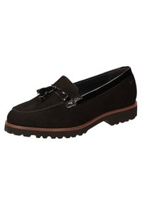 Schwarze Wildleder-Loafer mit glänzenden schwarzen Akzenten und dekorativen Beschlägen. Dicke Gummisohle mit Profil, gestickte Details entlang der Kante.
