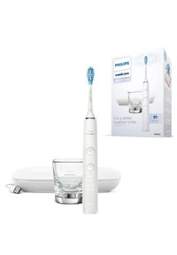 Spazzolino elettrico Philips Sonicare di colore bianco con testa di spazzola con accenti blu, supporto in vetro e custodia di ricarica, dotato di pulsanti di controllo.