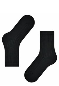 Schwarze Socken aus einem weichen Material, mit vertikalen Rippmustern und einer verstärkten Spitze und Ferse. Glatte Textur mit enganliegender Passform.