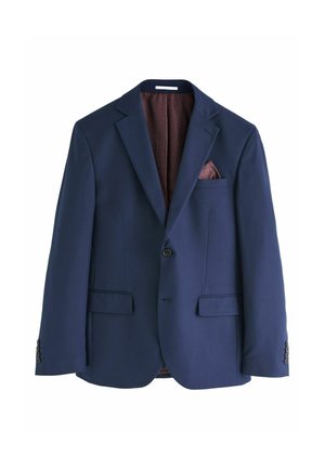Mörkblå blazer i texturerat tyg, med slagkrage, en-knapps stängning, två framfickor och mönstrad burgundy-fodring.