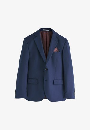 Marineblauwe blazer van een textuurstof, met notch-revers, een enkele knoopsluiting, twee voorkruisen en een gestreepte bordeauxrode voering.