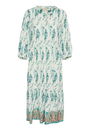 Biele šaty s teal kvetinovým vzorom, okrúhlym výstrihom, rukávmi po trištvrte a volánovým lemom s detailným okrajom v broskyňovej a tyrkysovej farbe.