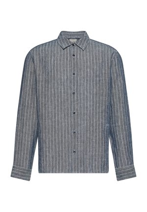 Langærmet skjorte med knapper og hvide lodrette nålestriber på mørkegråt stof samt en klassisk krave.