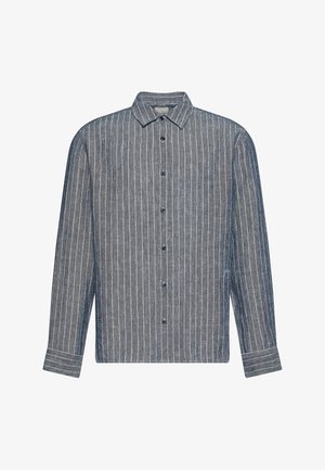 Camicia a maniche lunghe con bottoni, righe verticali bianche su tessuto grigio scuro e colletto classico.