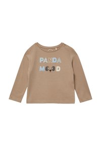Beiges Langarmshirt für Kleinkinder mit dem Text „PANDA MOOD“ und einem Pandagesicht zwischen den Worten, Druckknöpfe auf der Schulter.